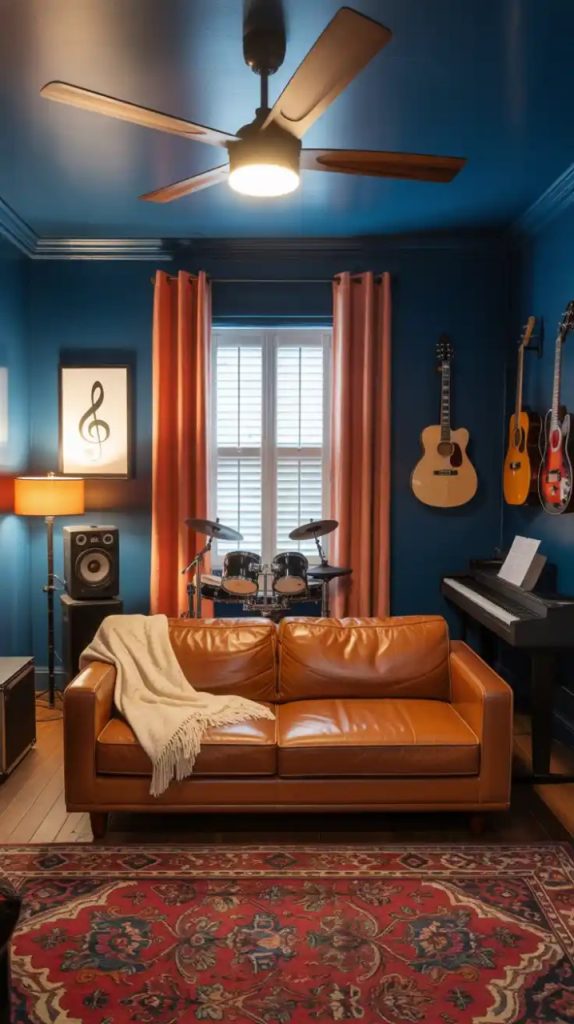 Large music room setup with multiple instruments