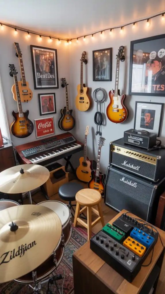 Small cozy music nook with armchair and lamp