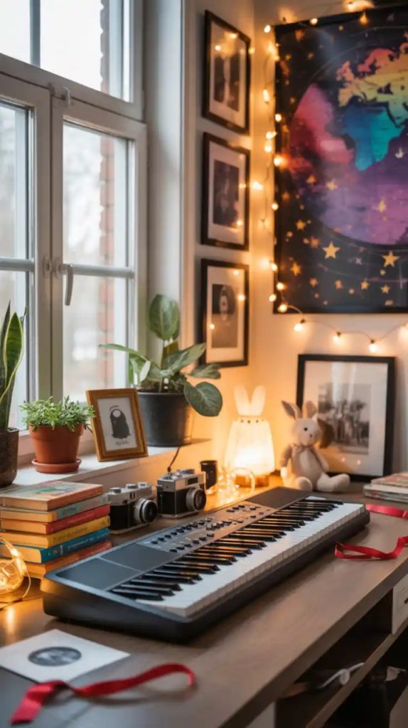 Home library combined with cozy music area