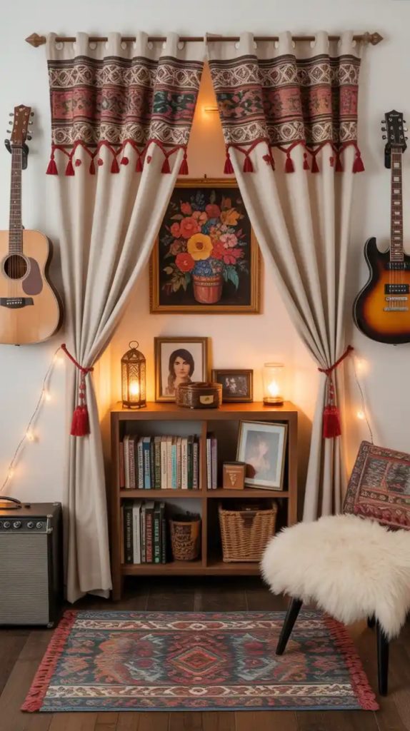 Home music room with record collection and shelves