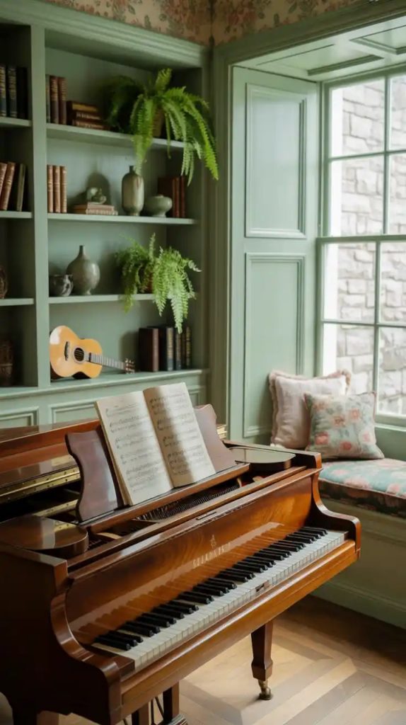 Bohemian music room with layered rugs and plants