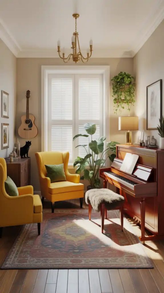 Reading corner inside a cozy music room