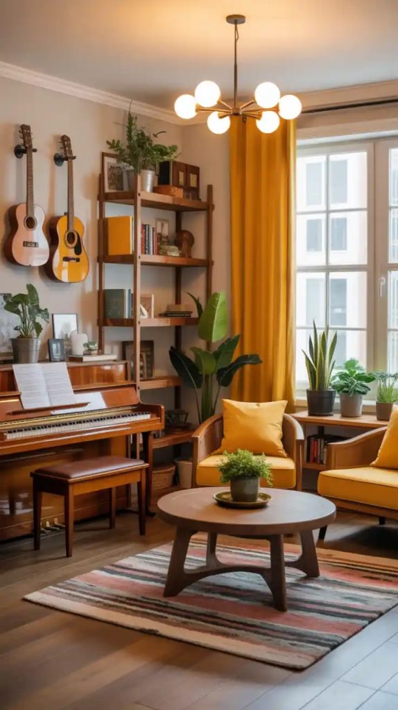 Elegant music room with grand piano and curtains