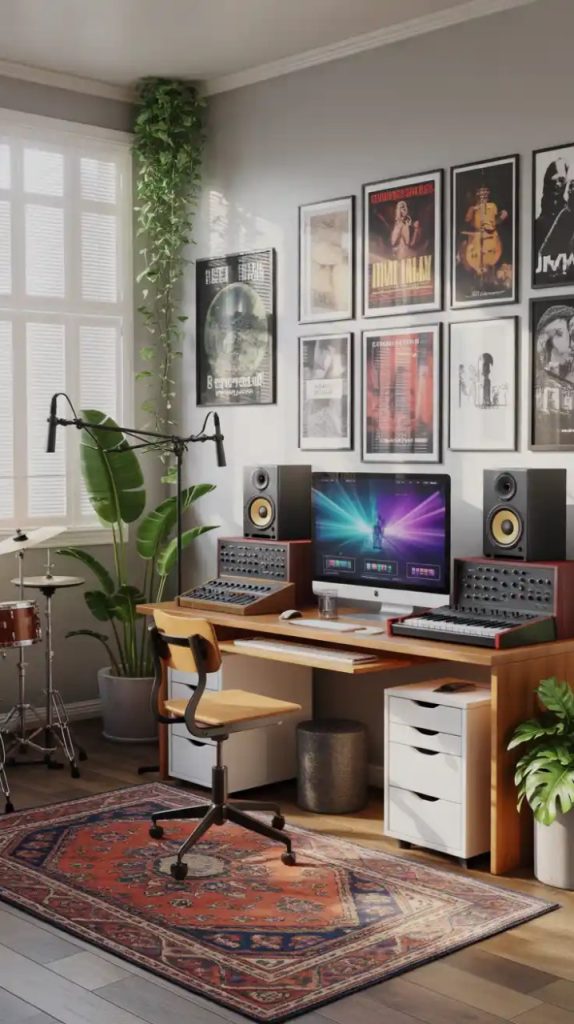 Cozy music room with warm lighting and piano
