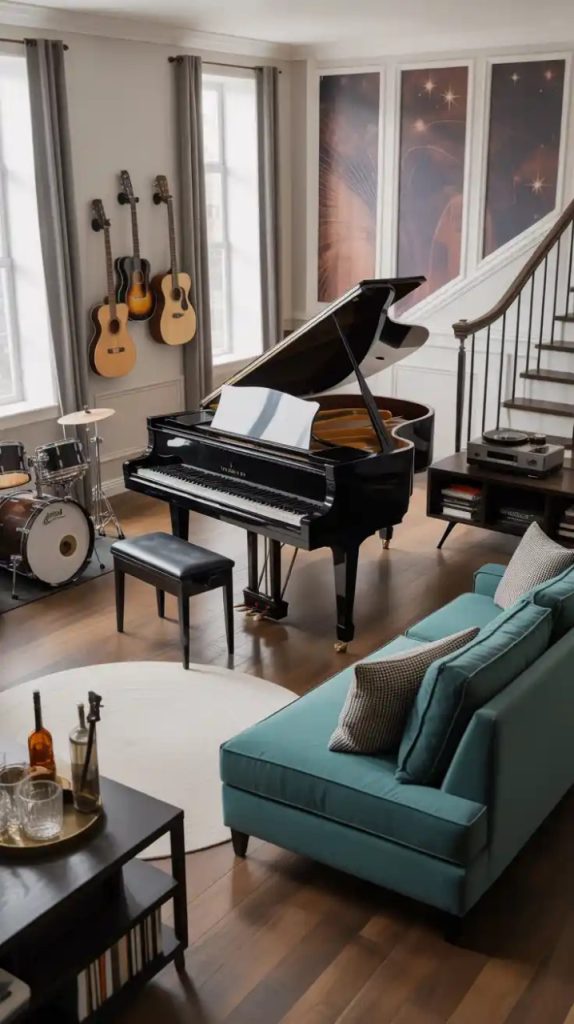 Minimalist music room with guitar on wall stand