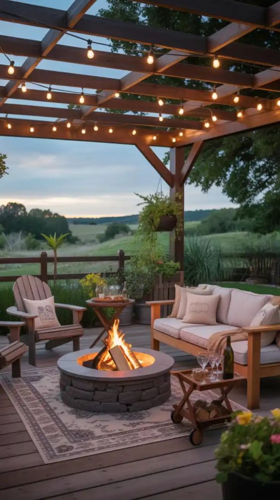 backyard fire pit with string lights