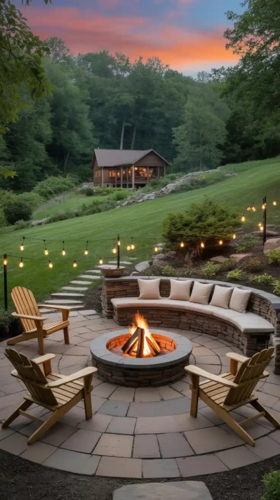 outdoor fire pit surrounded by Adirondack chairs