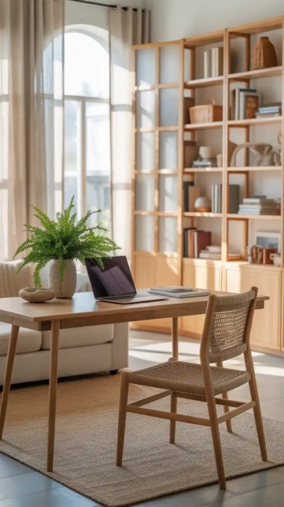 Neutral linen curtains in minimalist kitchen