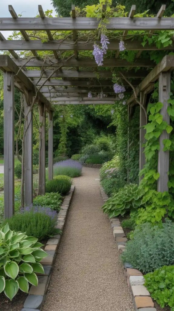 Secret garden fountain behind lush greenery