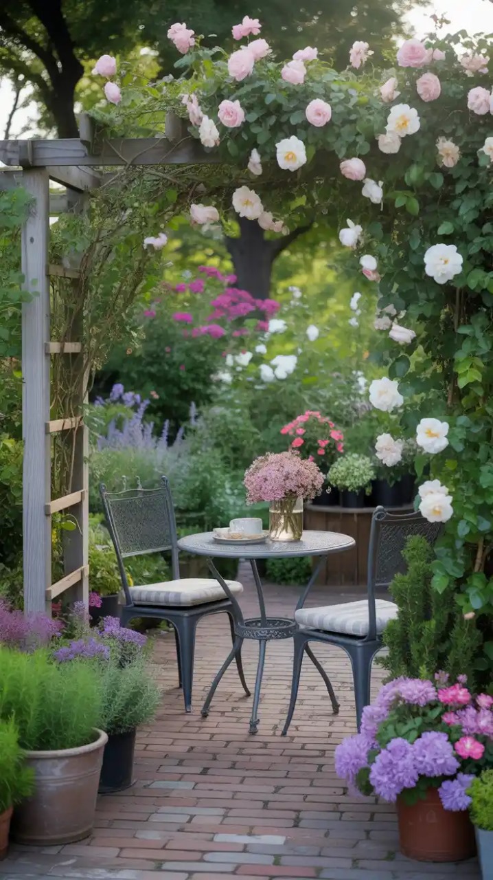 Hidden tea garden with potted flowers