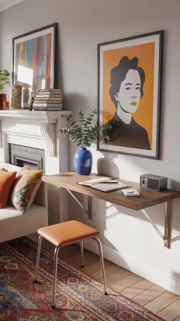 Floating shelf desk with laptop and lamp