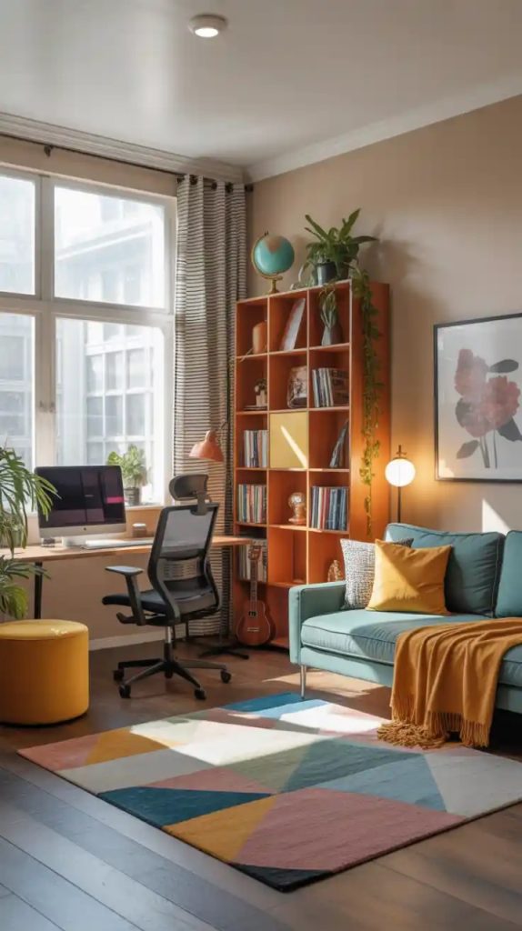 Slim desk placed behind gray sofa