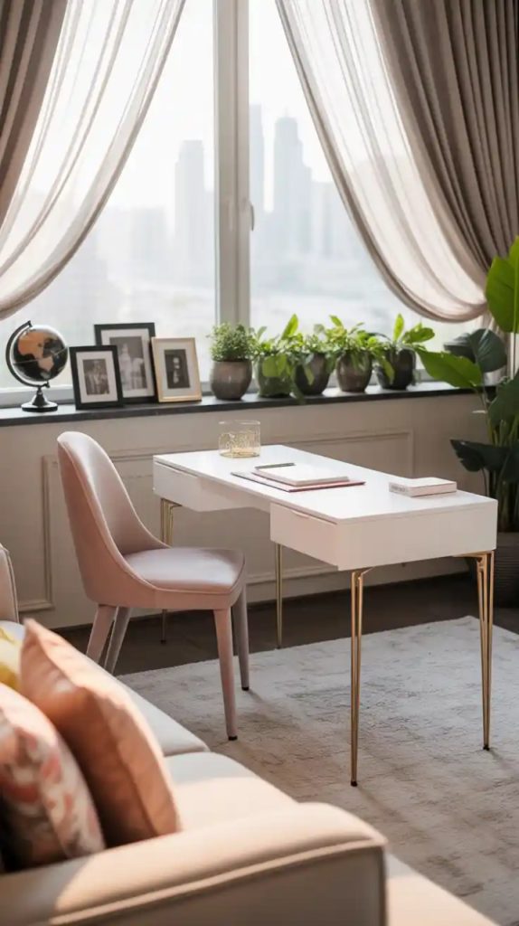Modern corner desk setup in living room