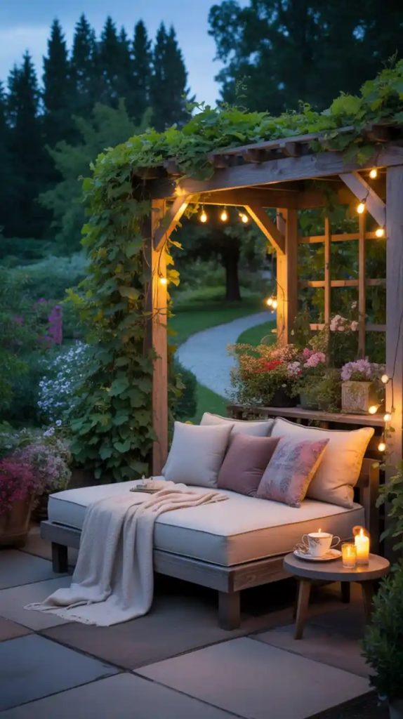 Secret garden hidden seating nook with stone bench