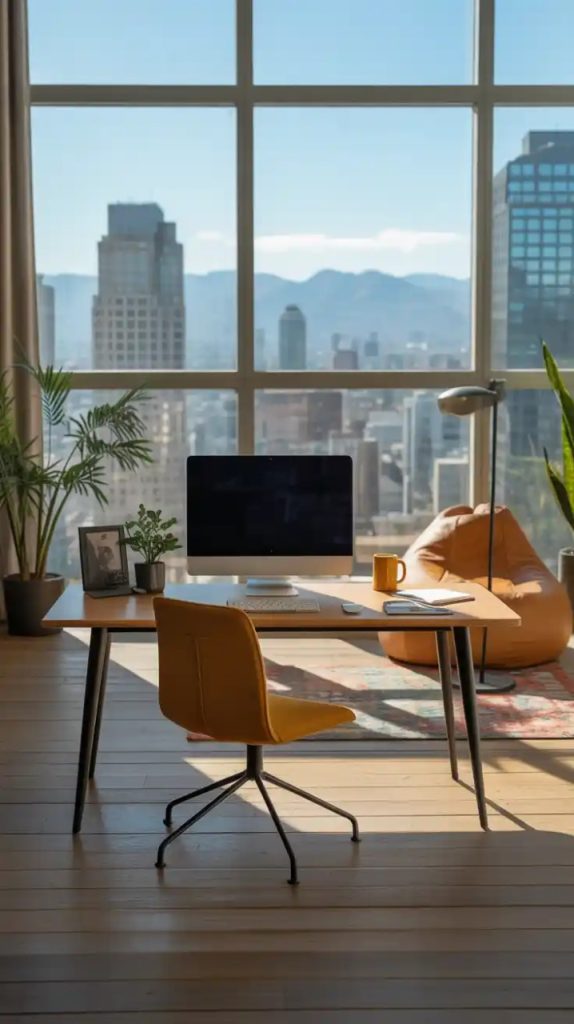 Industrial-style office corner with metal shelving
