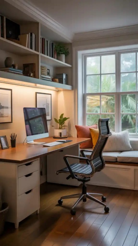 Vintage secretary desk styled with books