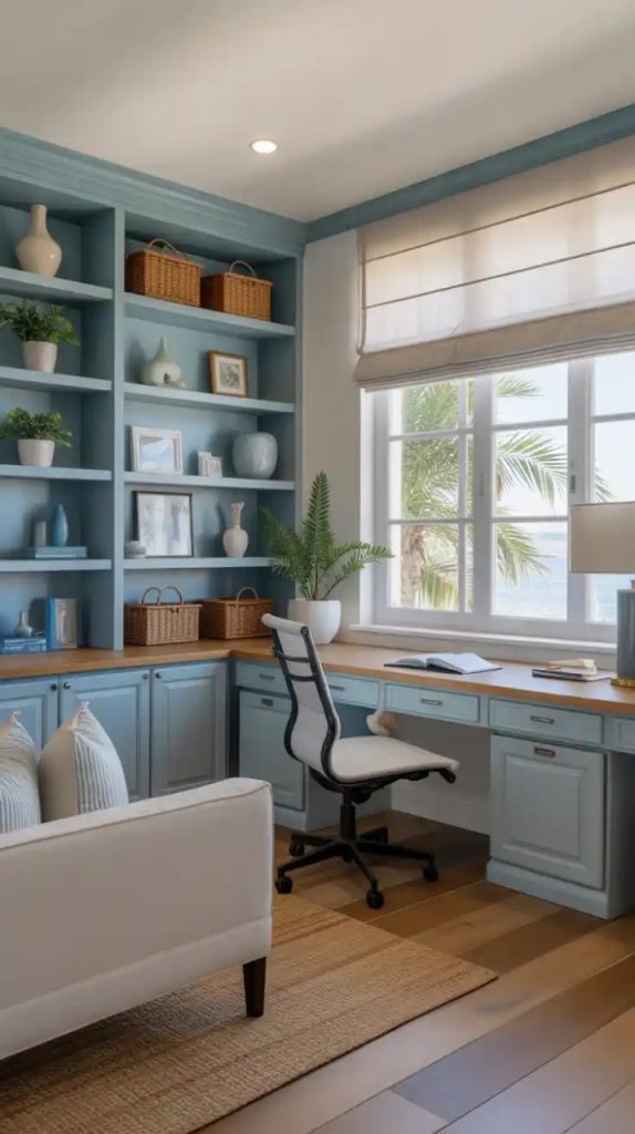 Built-in living room desk with storage cabinets