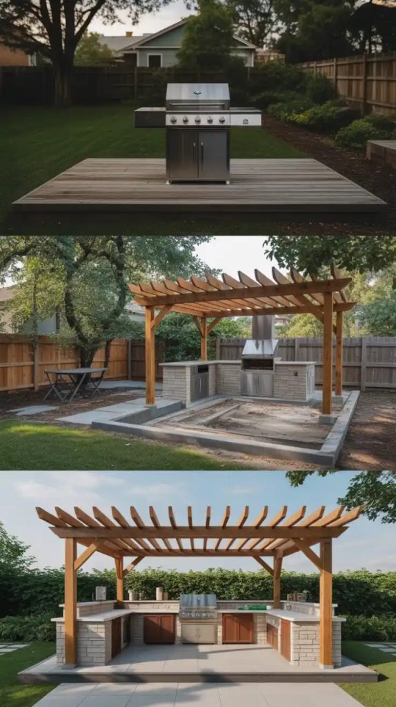 String lights create a cozy outdoor kitchen ambience