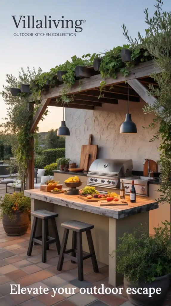 Pergola-covered outdoor cooking area