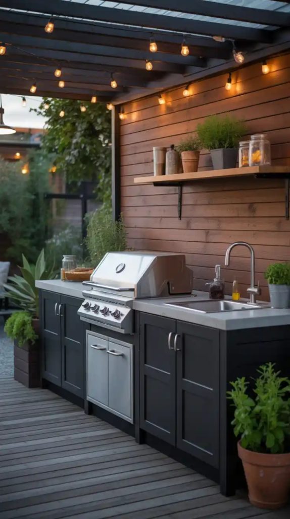 DIY concrete countertop in backyard kitchen