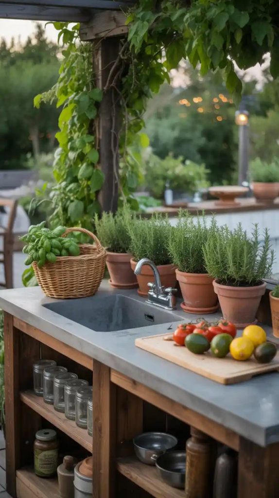 Brick pizza oven with backyard dining space