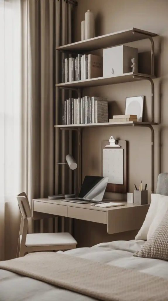 Loft bed with office underneath in small room