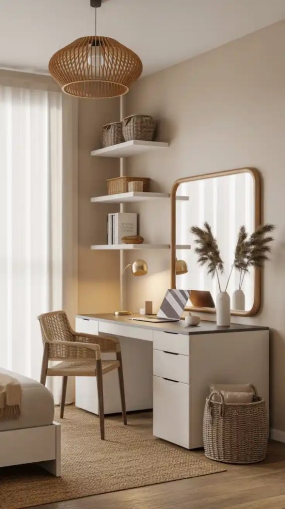 Cozy workspace with warm desk lamp