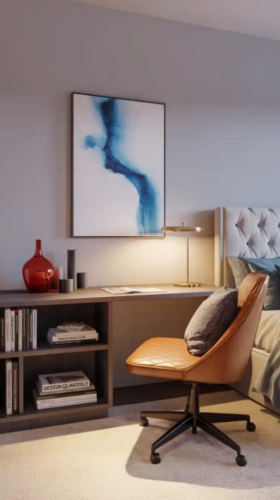Pastel-themed cozy bedroom office setup