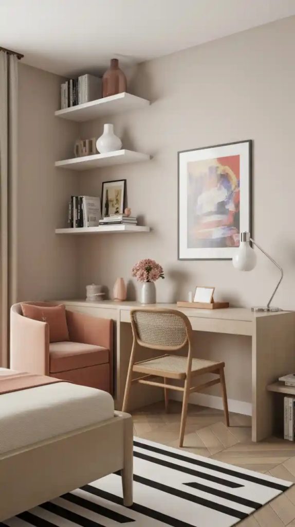 Corner desk in tiny bedroom workspace