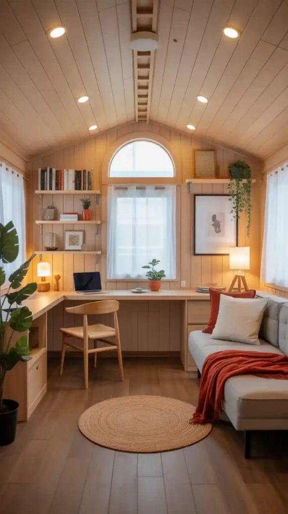 Floating shelves above compact work desk