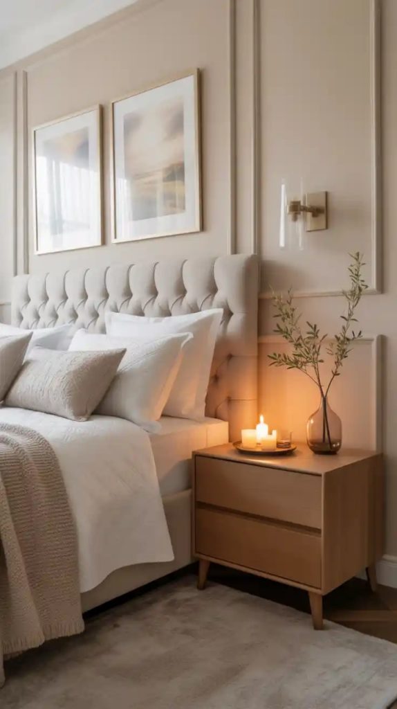 Painted mural accent wall behind cozy bed