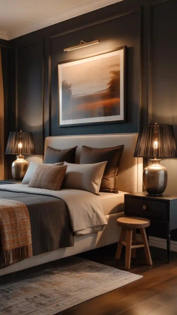 Seasonal rotating wall decor with fall accents above bed