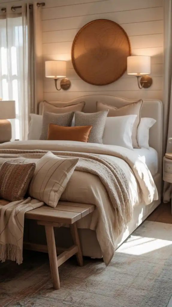Trio of framed artworks above king-size bed
