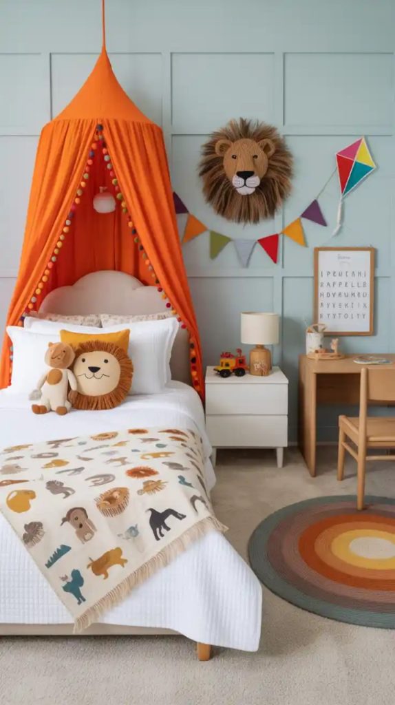 Metal sunburst sculpture over contemporary bed