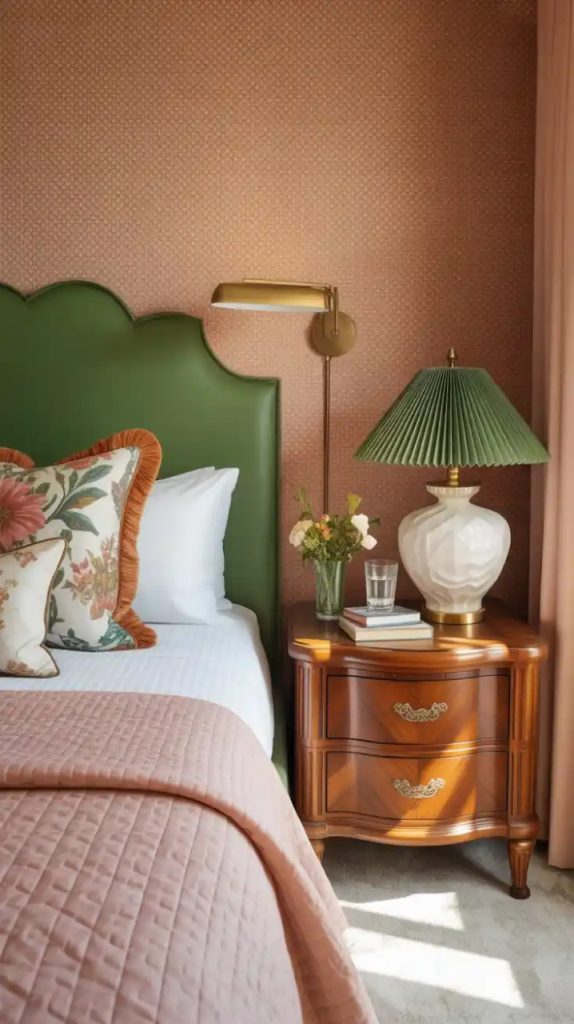 Brass wall sconces flanking upholstered headboard