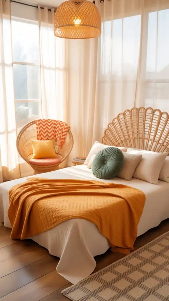 Accent wallpaper with geometric design behind bed