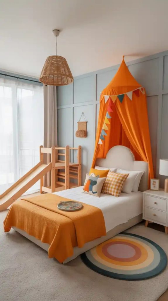 Upholstered headboard extending into wall panels