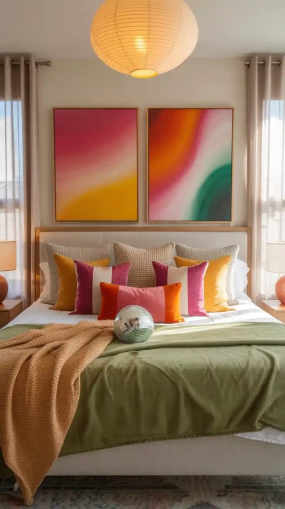 Hanging planters and greenery over bed wall decor