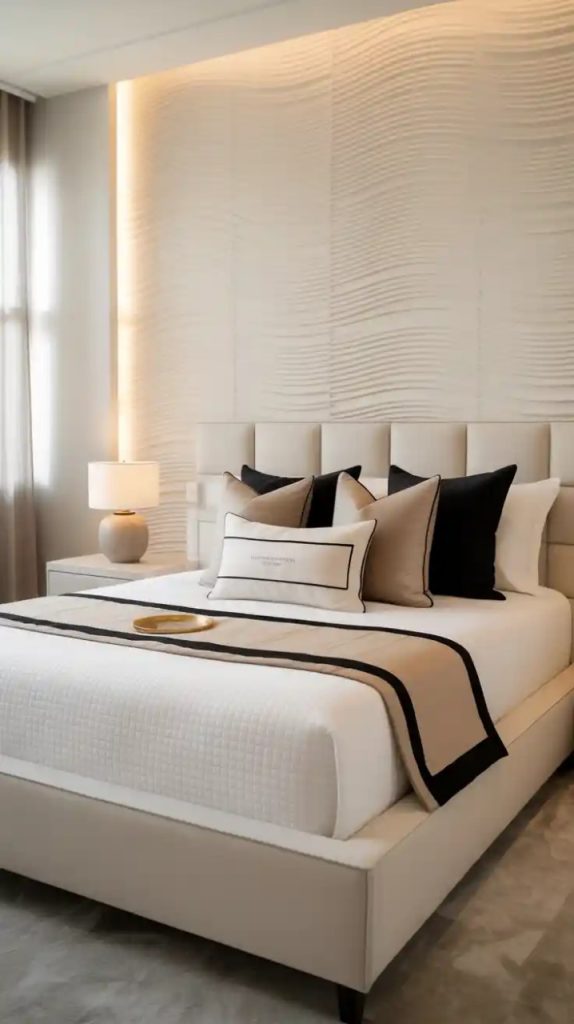 Large statement artwork above bed in modern bedroom