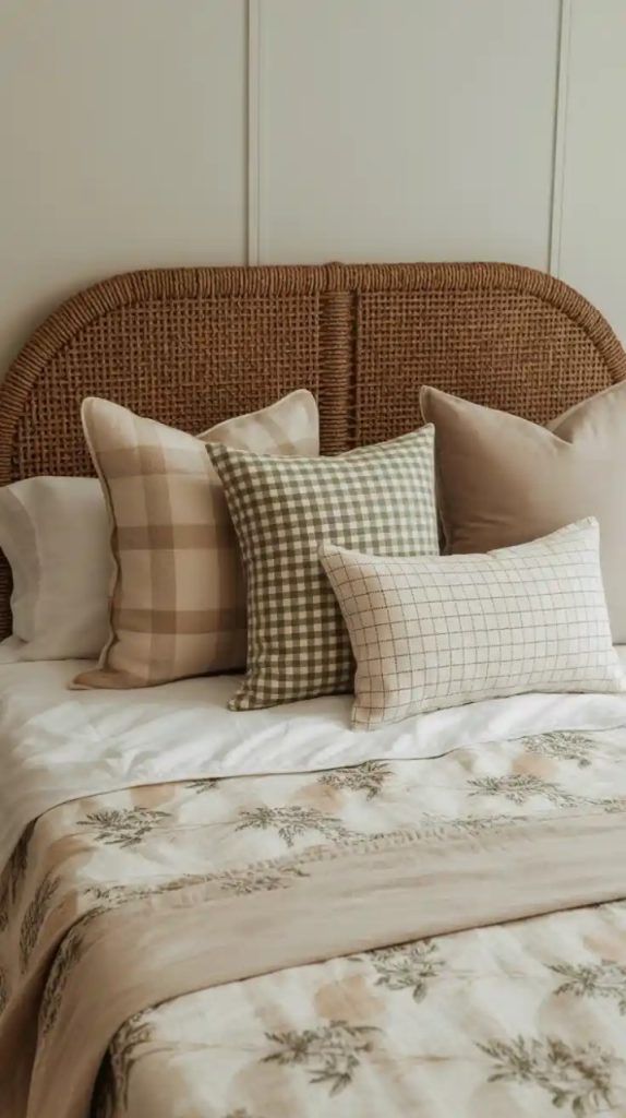 Cozy gallery wall with framed photos over headboard
