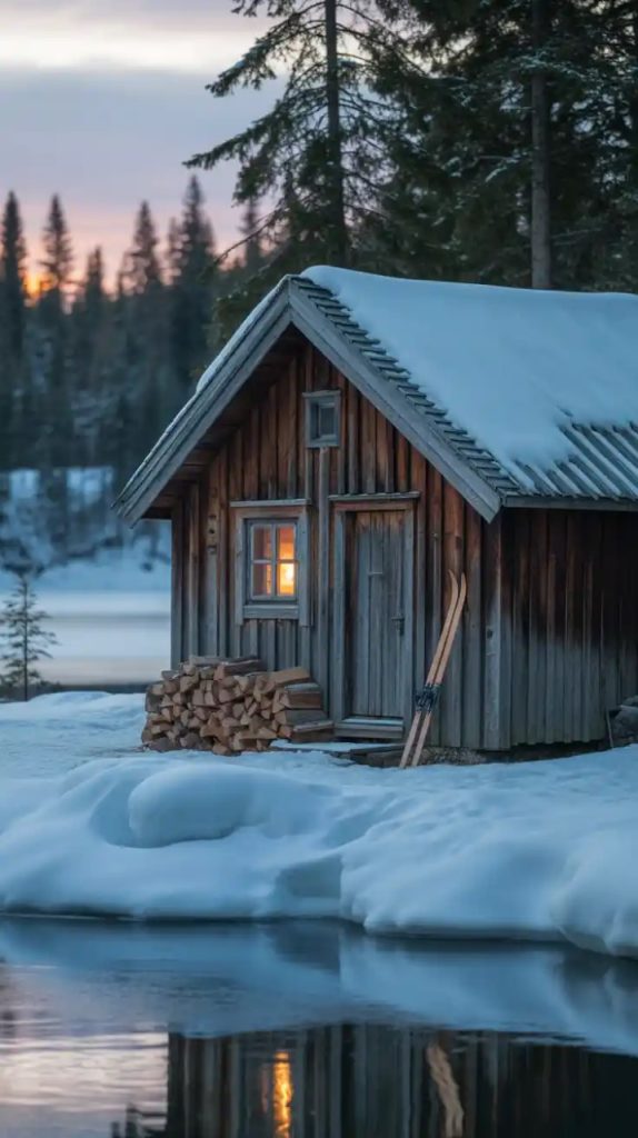 Cabin porch with rustic furniture