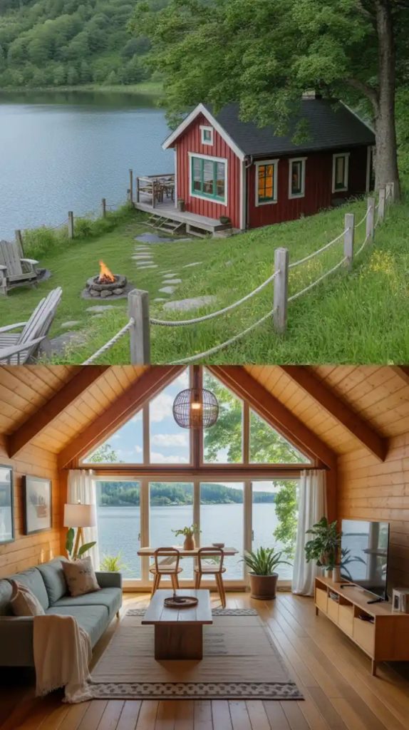 Wooden cabin interior with fireplace