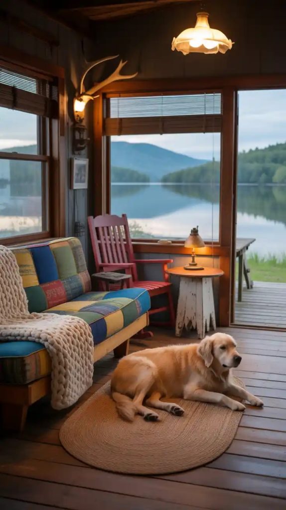 Lakeside dock with Adirondack chairs