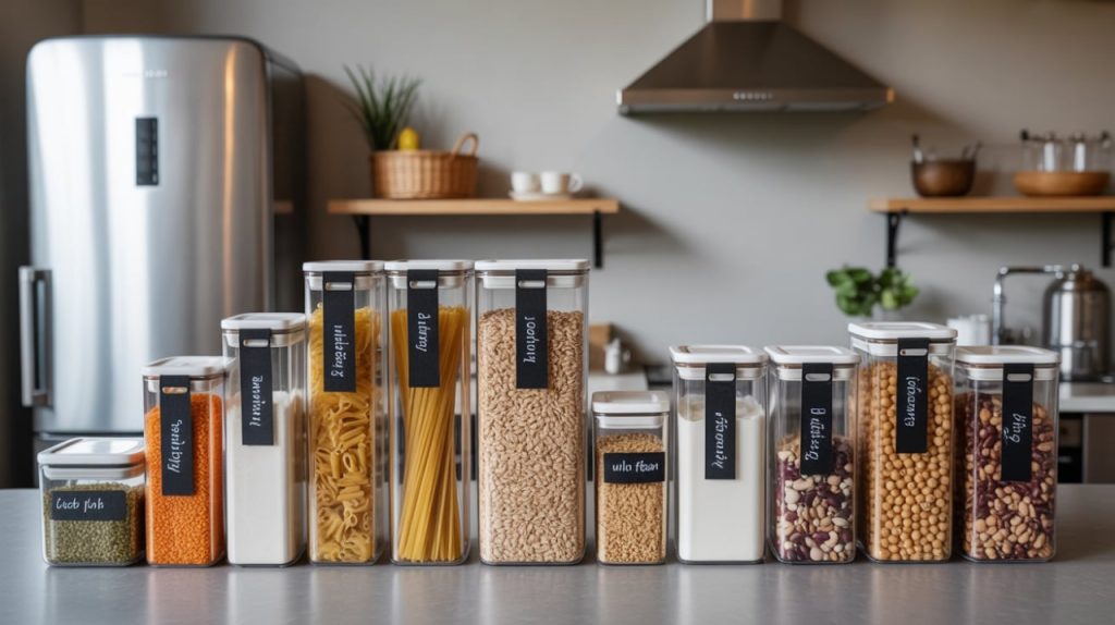Kid-friendly kitchen with colorful bins for snacks