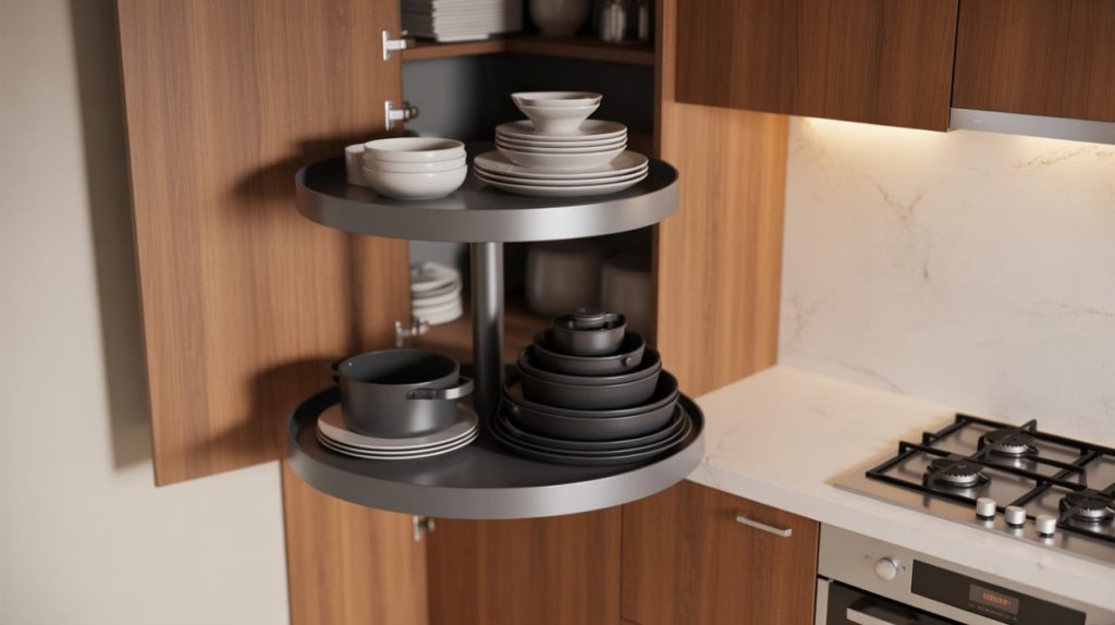 Small kitchen with wall-mounted pegboard storage