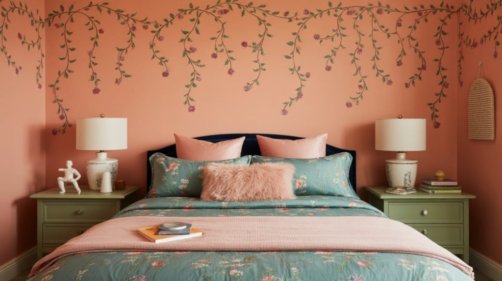 Teen bedroom with abstract cityscape mural