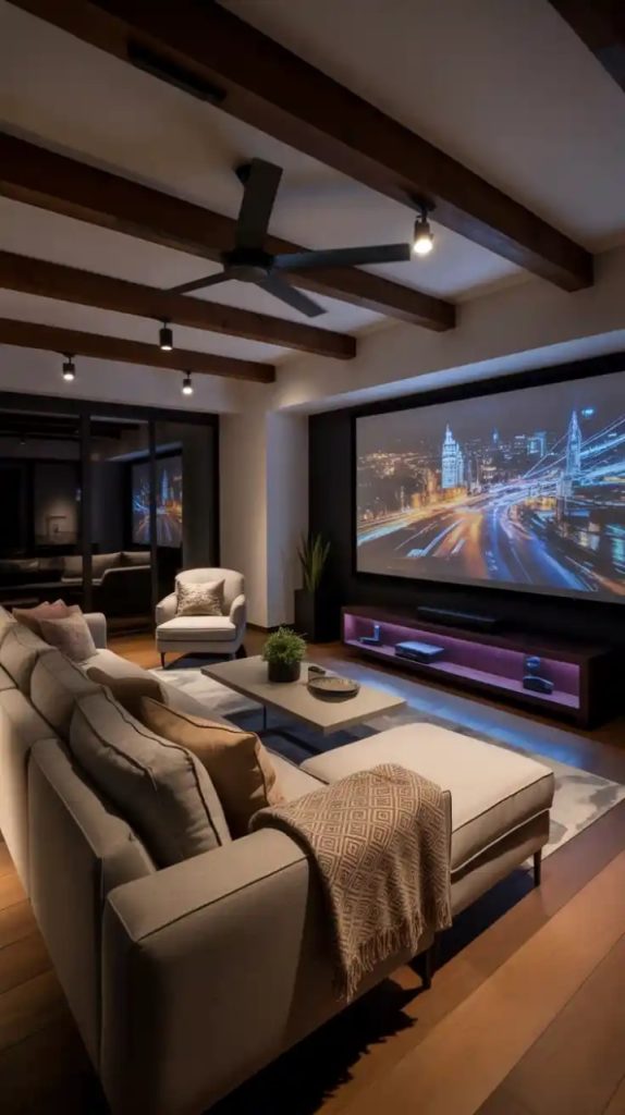 Rustic TV room with wood and stone elements