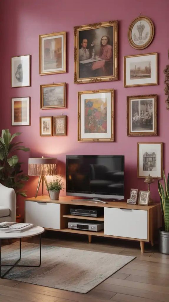 Shaggy rug and velvet cushions in a cozy TV space