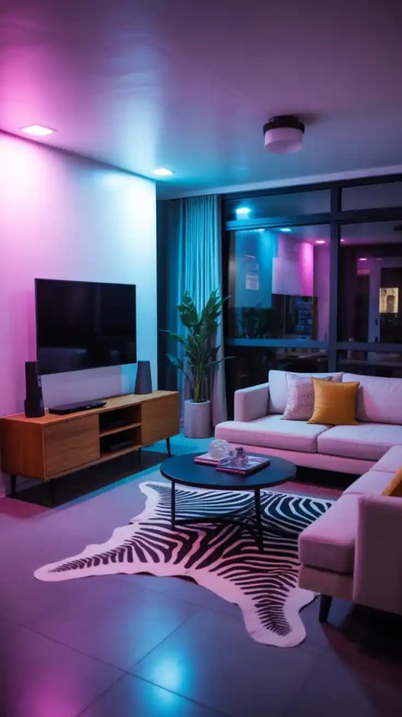 Faux fireplace paired with TV setup for warmth