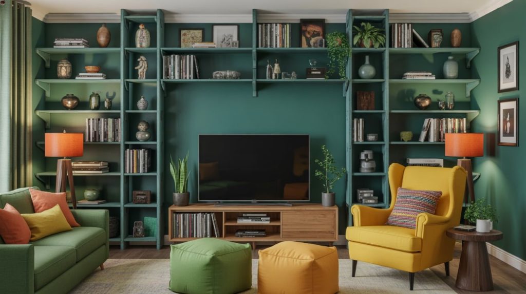 Warm-toned living room with a fireplace and TV setup